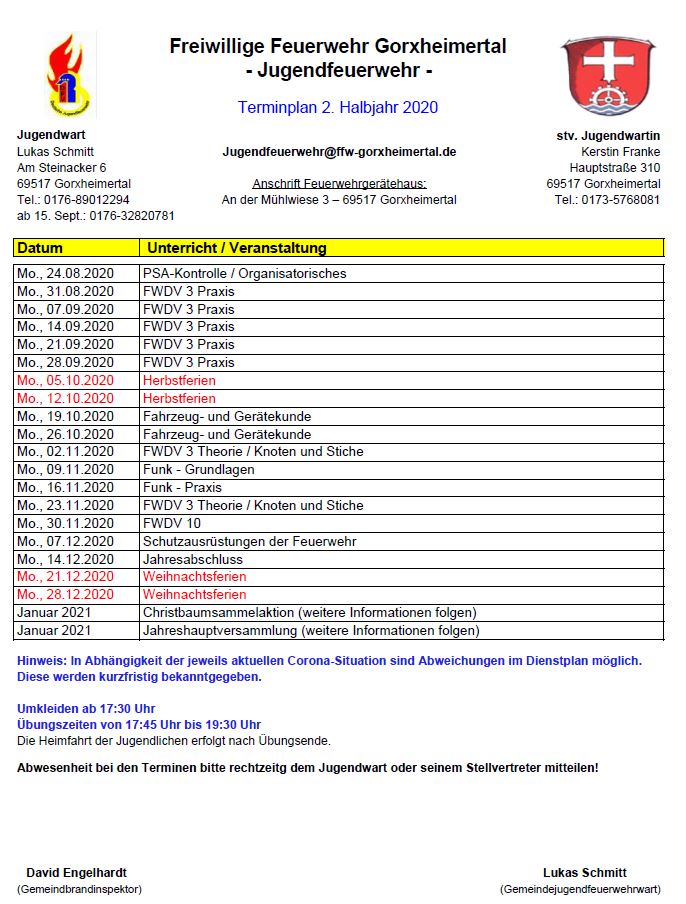 Dienstplan Jugendfeuerwehr